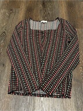 LOFT Black Long Sleeve Top with Multicolor floral Dot Stripe